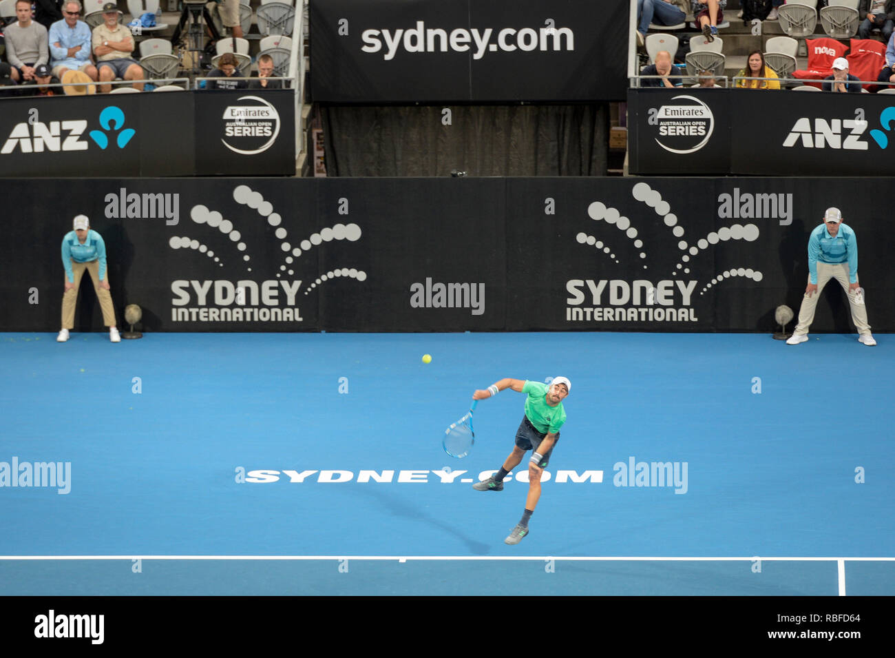 Sydney Olympic Park, Sydney, Australia. 10th Jan, 2019. Sydney International Tennis; Jordan Thompson of Australia serves in his match against Alex De Minaur of Australia Credit: Action Plus Sports/Alamy Live News Stock Photo