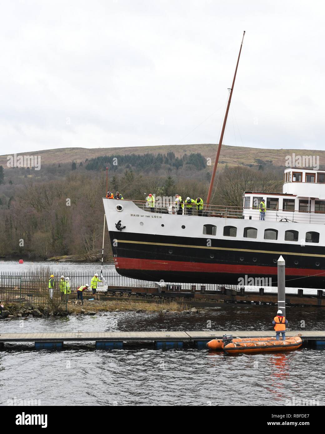 Balloch, Loch Lomond, UK. 10th Jan, 2019. UK. Attempts to remove the Maid of the Loch from Loch Lomond at Balloch today failed when the cradle which supported the ship weight snapped and the ship slipped back into the water. PS Maid of the Loch is the last paddle steamer built in Britain and was being removed for renovation and restoration purposes. Stock Photo