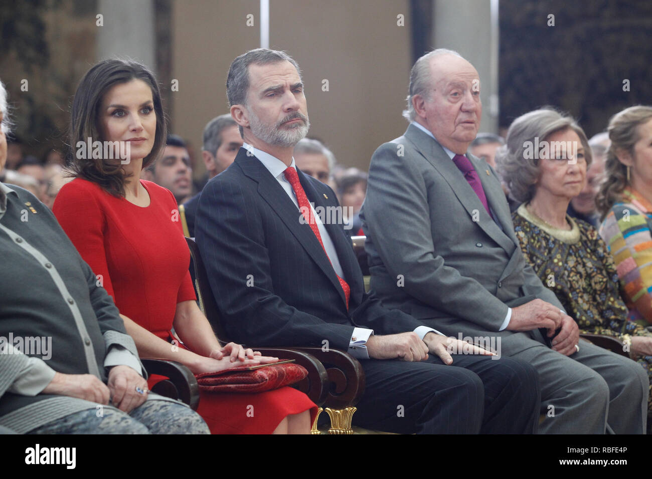 Madrid, Spain. 10th Jan, 2019. Princess Pilar de Borbon, Queen Letizia of Spain, King Felipe VI of Spain, King Juan Carlos of Spain, Queen Sofia of Spain and Princess Elena de Borbon attend National Sport Awards 2017 at El Pardo Royal Palace on January 10, 2019 in Madrid, Spain January10, 2019. Credit: Jimmy Olsen/Media Punch ***No Spain***/Alamy Live News Stock Photo
