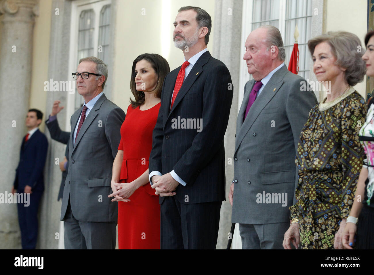 Madrid, Spain. 10th Jan, 2019. Princess Pilar de Borbon, Queen Letizia of Spain, King Felipe VI of Spain, King Juan Carlos of Spain, Queen Sofia of Spain and Princess Elena de Borbon attend National Sport Awards 2017 at El Pardo Royal Palace on January 10, 2019 in Madrid, Spain January10, 2019. Credit: Jimmy Olsen/Media Punch ***No Spain***/Alamy Live News Stock Photo