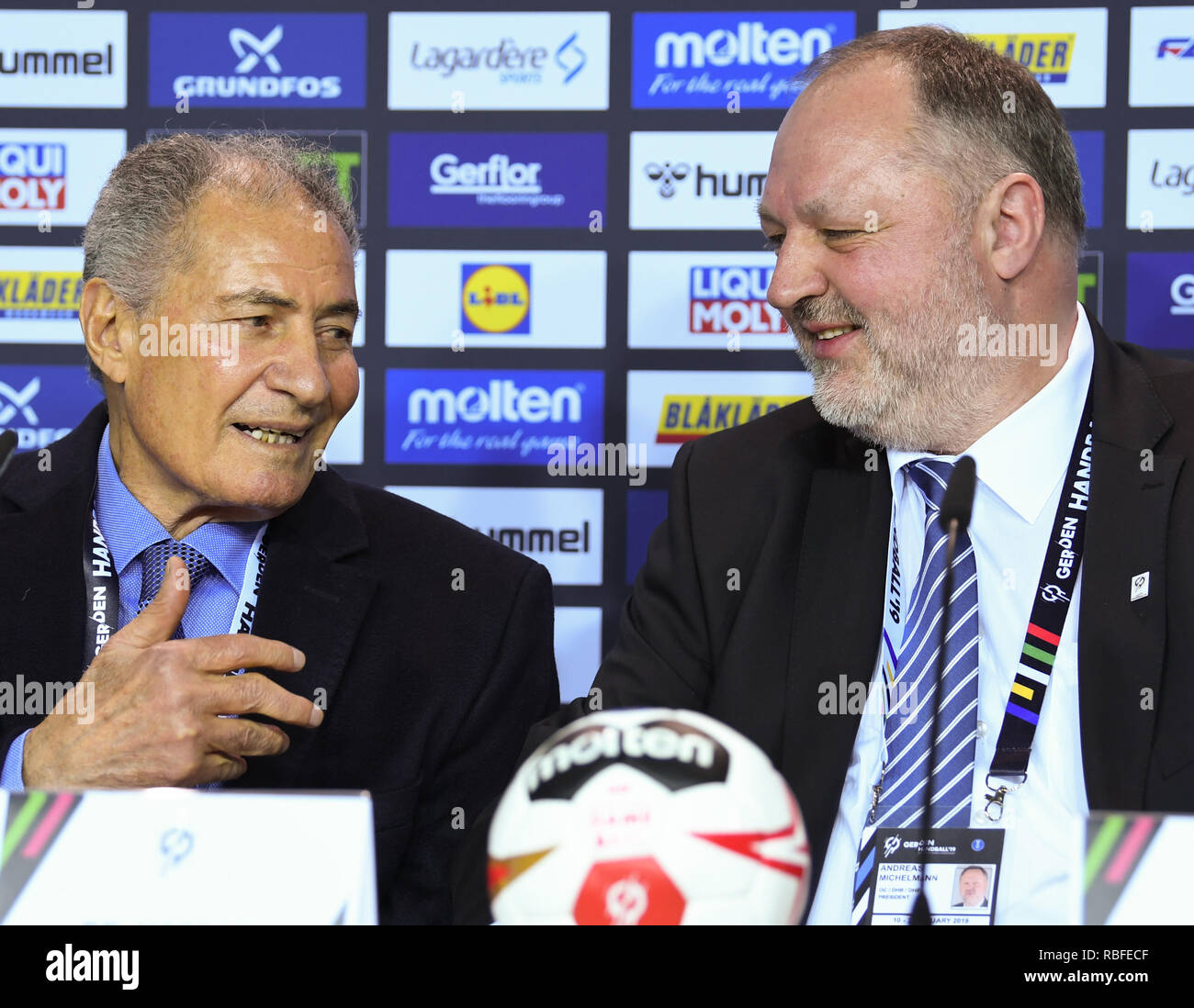 Berlin, Germany. 10th Jan, 2019. Opening press conference of the International Handball Federation IHF. IHF President Hassan Moustafa (l) speaks at the press conference alongside Andreas Michelmann, President of the German Handball Federation (DHB). Credit: Soeren Stache/dpa/Alamy Live News Stock Photo