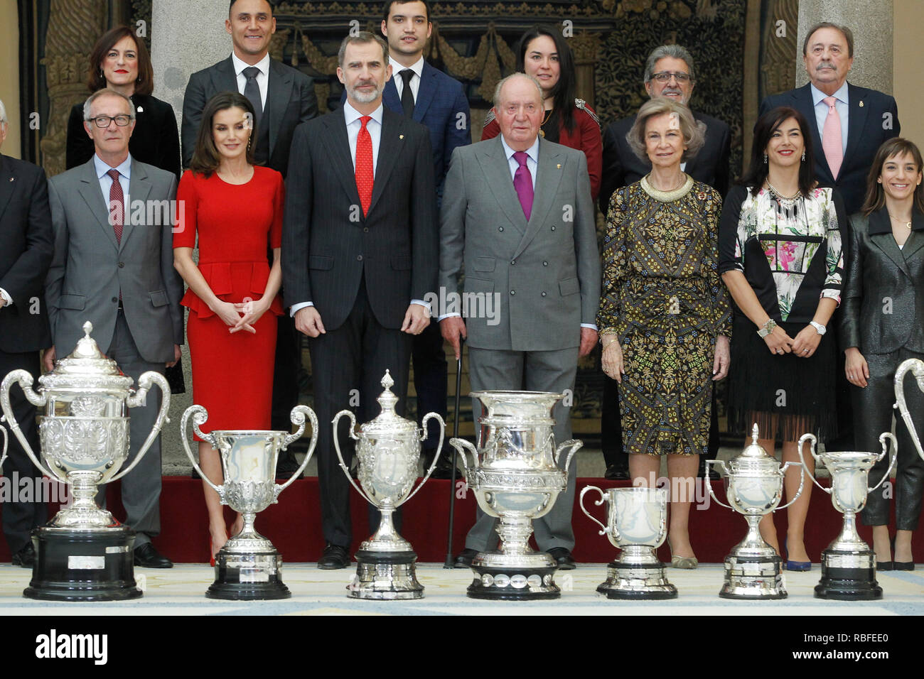 Madrid, Spain. 10th Jan, 2019. Princess Pilar de Borbon, Queen Letizia of Spain, King Felipe VI of Spain, King Juan Carlos of Spain, Queen Sofia of Spain and Princess Elena de Borbon attend National Sport Awards 2017 at El Pardo Royal Palace on January 10, 2019 in Madrid, Spain January10, 2019. Credit: Jimmy Olsen/Media Punch ***No Spain***/Alamy Live News Stock Photo