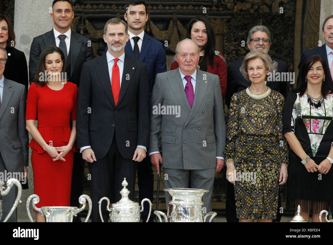Madrid, Spain. 10th Jan, 2019. Princess Pilar de Borbon, Queen Letizia of Spain, King Felipe VI of Spain, King Juan Carlos of Spain, Queen Sofia of Spain and Princess Elena de Borbon attend National Sport Awards 2017 at El Pardo Royal Palace on January 10, 2019 in Madrid, Spain January10, 2019. Credit: Jimmy Olsen/Media Punch ***No Spain***/Alamy Live News Stock Photo