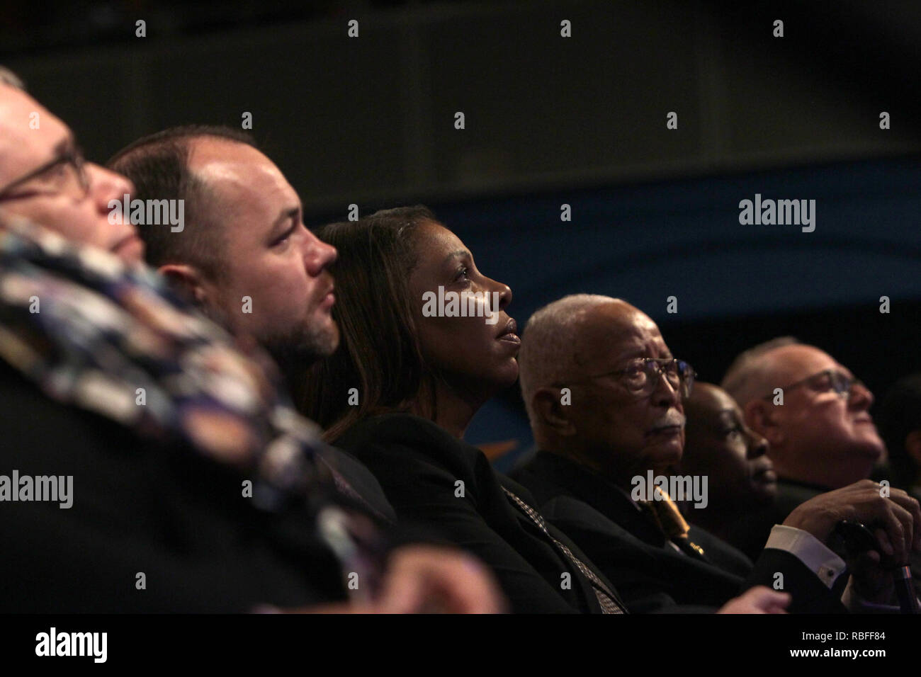New York, New York, USA. 10th Jan, 2019. (L-R) New York City Council Speaker Corey Johnson, New York State Attorney General Leticia James, Former New York City Mayor David Dinkins, New York City First Lady Chirlane McCray and New York Cardinal Timothy Dolan look on as New York City Mayor Bill De Blasio with an introduction by New York First Lady Chirlane McCray, delivers the 2019 State of the City Address to New Yorkers and Elected Officials in attendance held at Symphony Space on January 10, 2019 in New York City. Credit: Mpi43/Media Punch/Alamy Live News Stock Photo