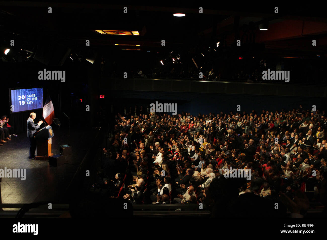 New York, New York, USA. 10th Jan, 2019. New York City Mayor Bill De Blasio with an introduction by New York First Lady Chirlane McCray, delivers the 2019 State of the City Address to New Yorkers and Elected Officials in attendance held at Symphony Space on January 10, 2019 in New York City. Credit: Mpi43/Media Punch/Alamy Live News Stock Photo