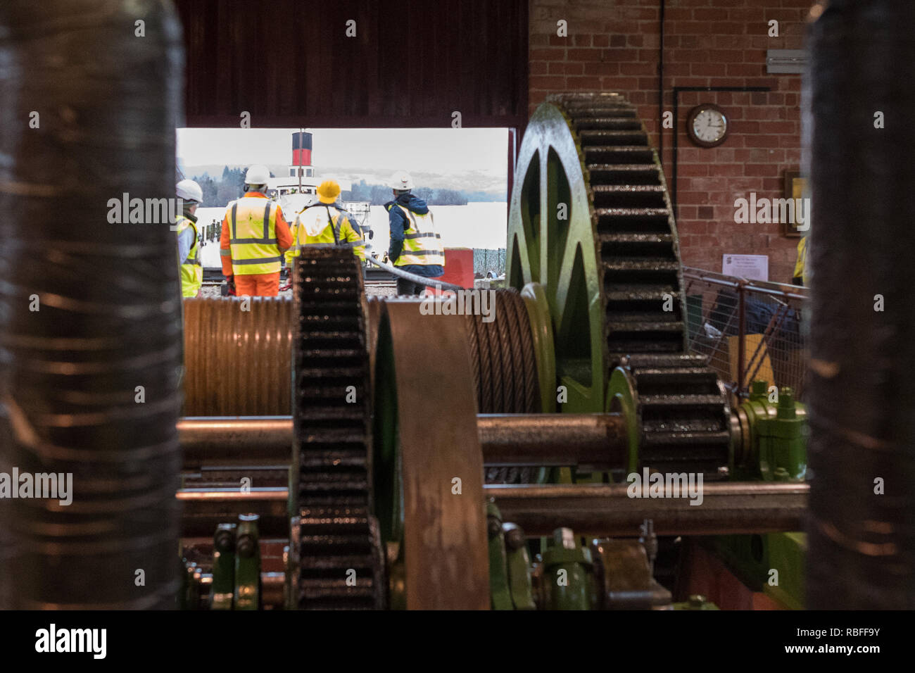 Balloch, Loch Lomond, Scotland, UK. 10th Jan, 2018. The Maid of the Loch at the end of Balloch Steam Slipway, a Category A listed building prior to the start of winching to remove the boat from the water for major refurbishment - viewed from inside the original winchhouse. Unfortunately once winching began, the carriage broke and the boat rolled back down the slipway into the water Credit: Kay Roxby/Alamy Live News Stock Photo