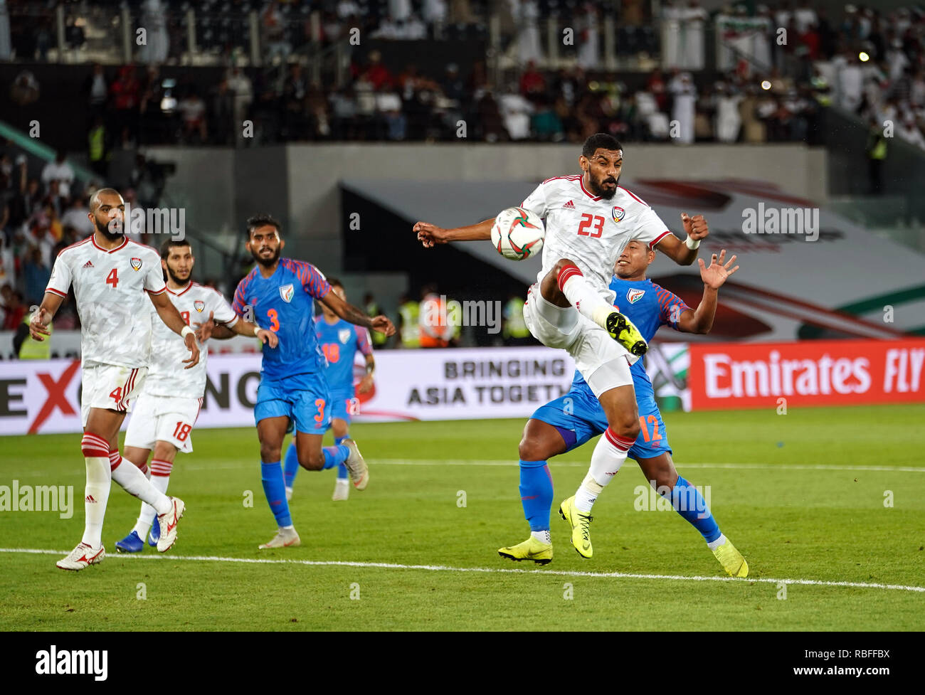 January 10, 2019 : Mohamed Ahmed of United Arab Emiratesclose to scoring an own goal during UAE v India at the Zayed Sports City Stadium in Abu Dhabi, UAE, AFC Asian Cup, Asian Football championship. Ulrik Pedersen/CSM. Stock Photo