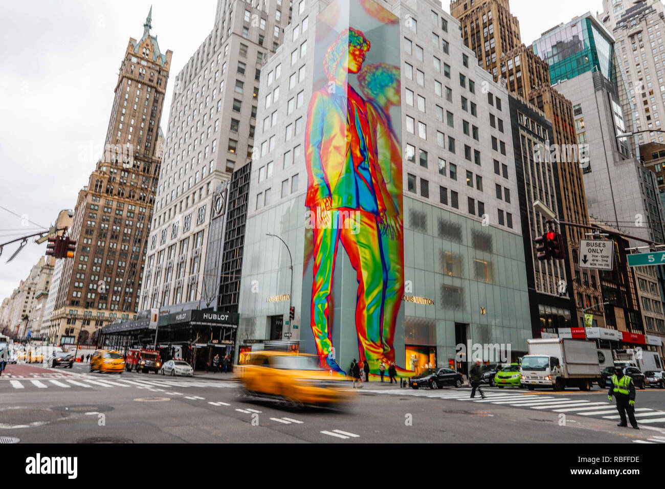 New York, New York, USA. 10th Jan, 2019. A twelve-story work of art on the Louis  Vuitton store façade marks the launch of the 2019 men's collection on Fifth  Avenue on Manhattan