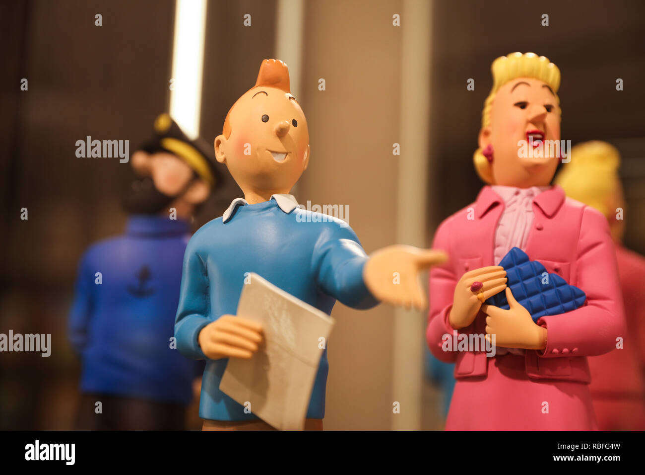 Brussels, Belgium. 10th Jan, 2019. Toy models of Tintin and other figures based on the comic series Brussels, Belgium. 10th Jan, 2019. Toy models of Tintin and other figures based on the comic series