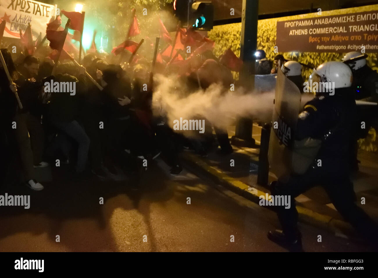 Athens, Greece. 10th Jan 2019. Protesters clash with riot police during the visit of the German Chancellor Angela Merkel in Athens, Greece. Credit: Nicolas Koutsokostas/Alamy Live News. Stock Photo