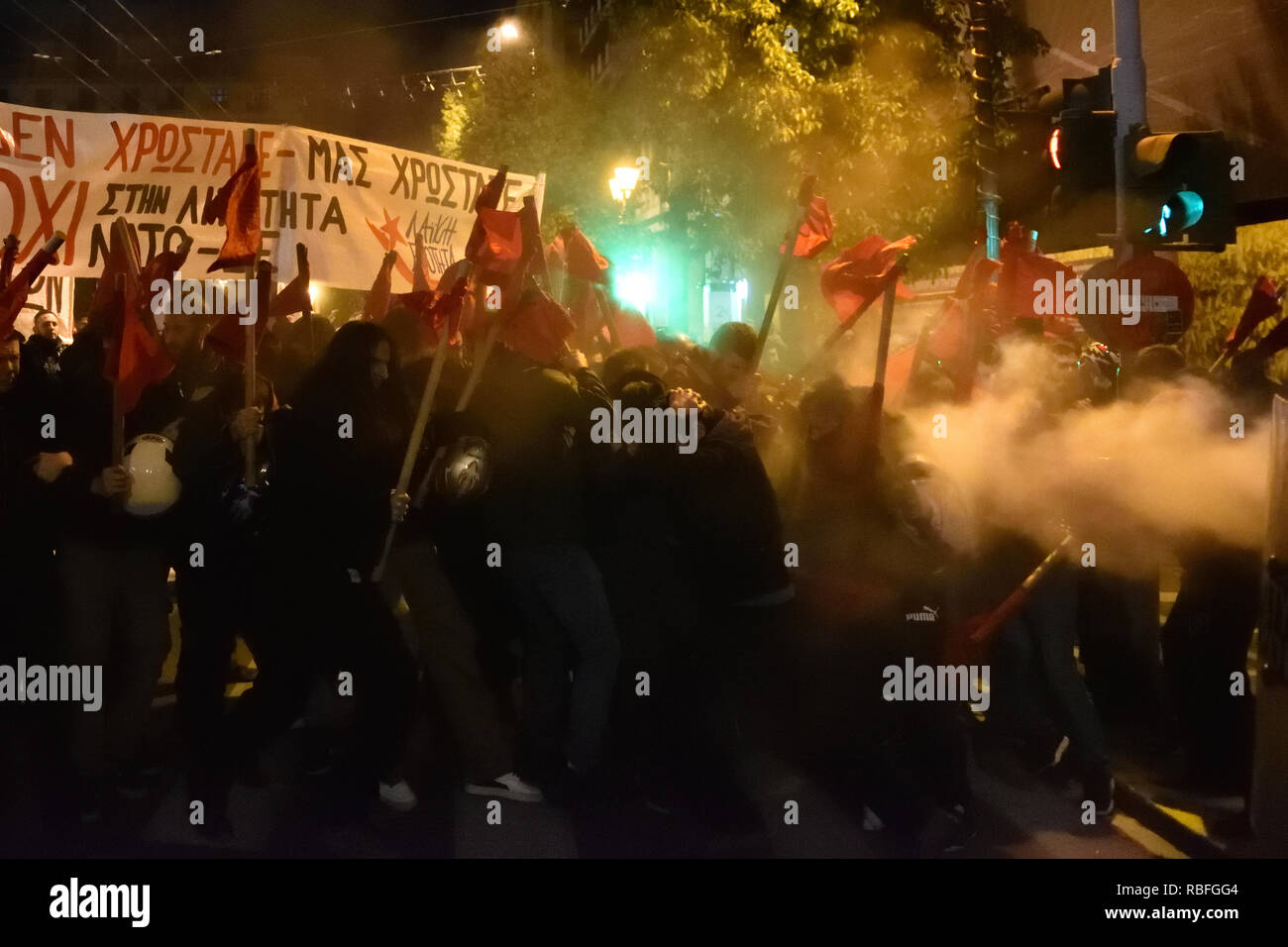 Athens, Greece. 10th Jan 2019. Protesters clash with riot police during the visit of the German Chancellor Angela Merkel in Athens, Greece. Credit: Nicolas Koutsokostas/Alamy Live News. Stock Photo