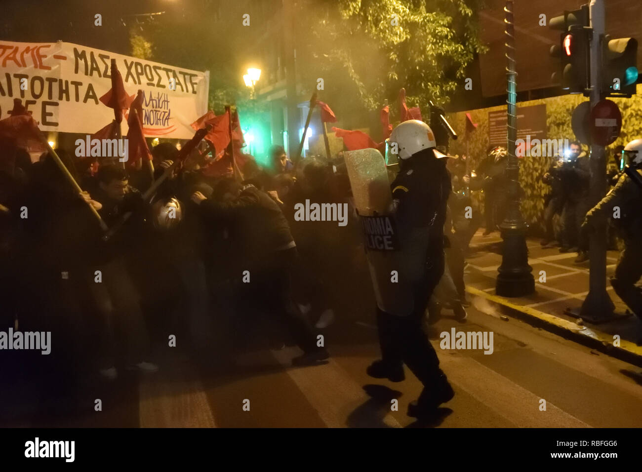 Athens, Greece. 10th Jan 2019. Protesters clash with riot police during the visit of the German Chancellor Angela Merkel in Athens, Greece. Credit: Nicolas Koutsokostas/Alamy Live News. Stock Photo