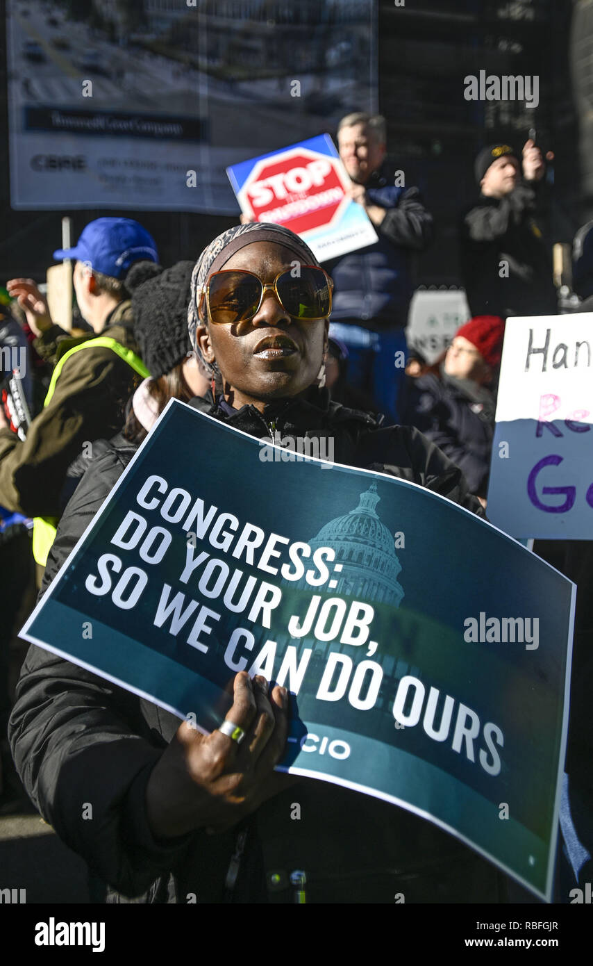 Washington, DC, USA. 10th Jan, 2019. Hundreds of federal workers and contractors rally against the partial federal government shutdown outside the headquarters of the AFL-CIO (Credit Image: © Riccardo SaviZUMA Wire) Credit: ZUMA Press, Inc./Alamy Live News Stock Photo