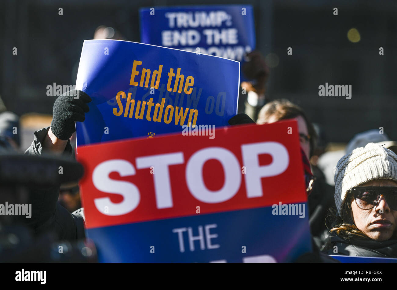 Washington, DC, USA. 10th Jan, 2019. Hundreds of federal workers and contractors rally against the partial federal government shutdown outside the headquarters of the AFL-CIO (Credit Image: © Riccardo SaviZUMA Wire) Credit: ZUMA Press, Inc./Alamy Live News Stock Photo