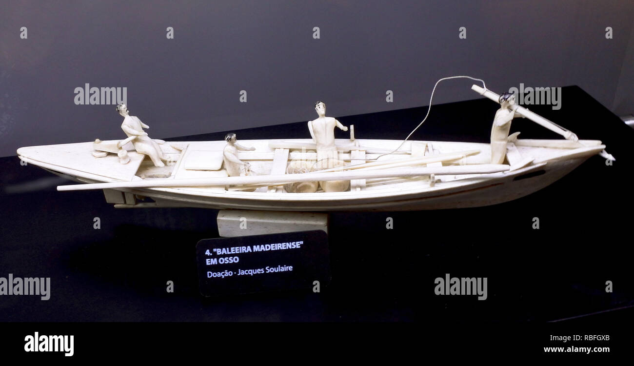 17 November 2018, Portugal, Funchal/Canical: A historic whaling boat made of whale bones is exhibited as a small model in the whaling museum in Canial on the Portuguese island Madeira. The Whale Museum is dedicated to the history of the whaling industry in Madeira. Photo: Holger Hollemann/dpa Stock Photo
