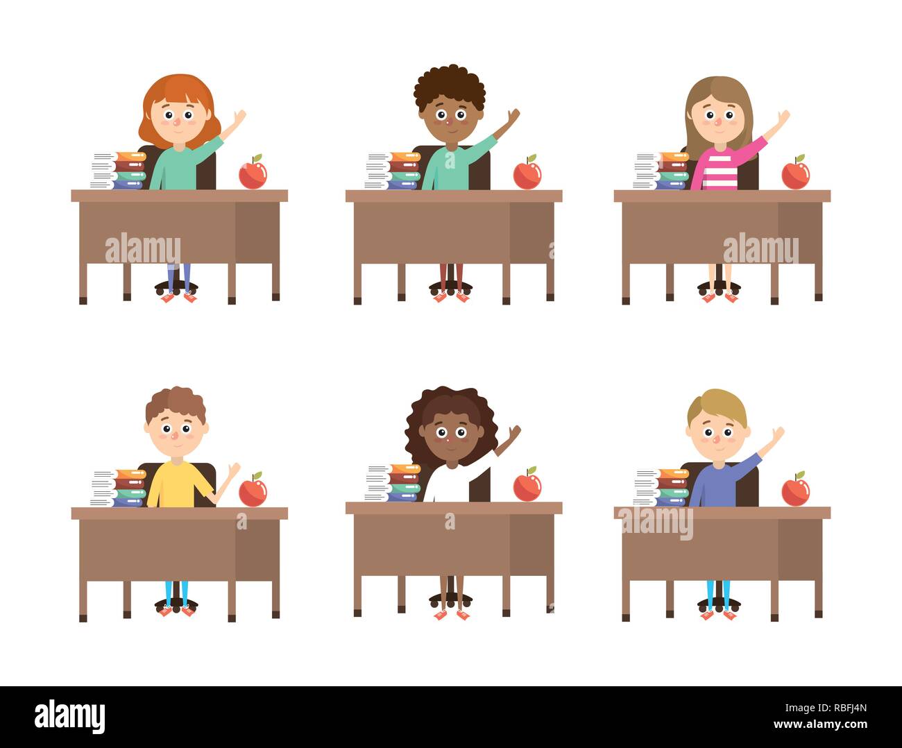 Set Boys And Girls Students In The Desk With Books Stock Vector