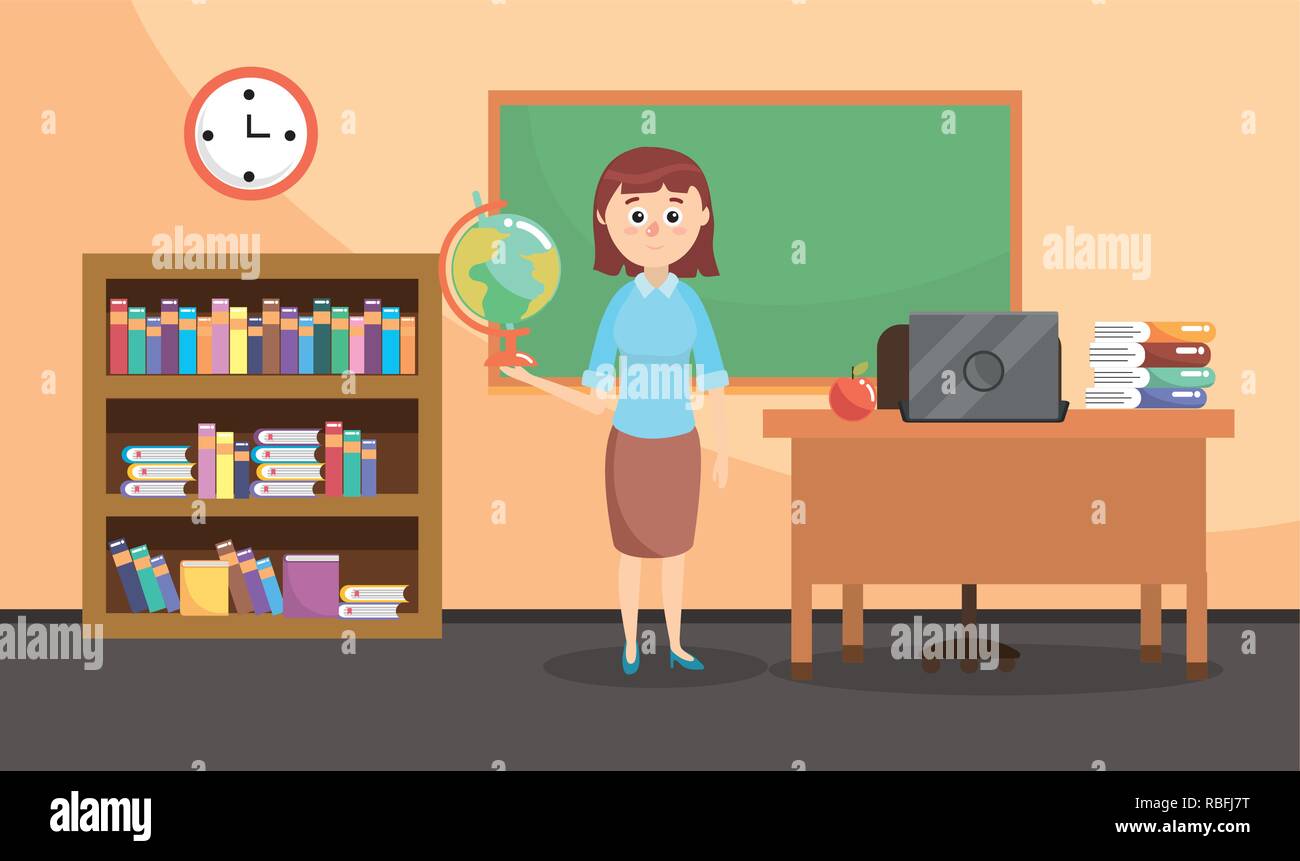 teacher education in the classroom with bookcase and desk Stock Vector ...