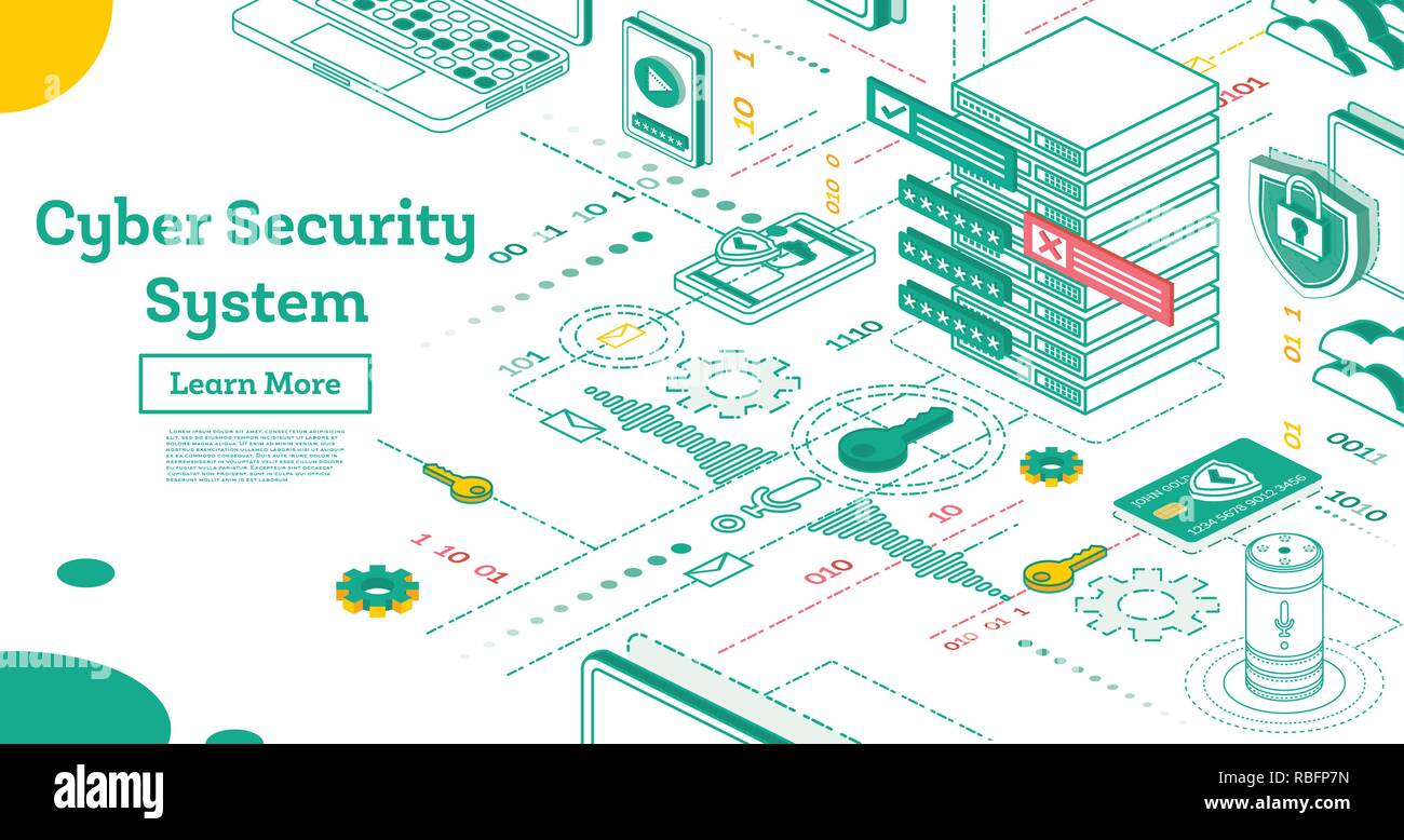 Outline Cyber Security Concept. Isometric Illustration Isolated on White. Data Protection Concept. Credit Card Check and Software Vector Illustration. Stock Vector