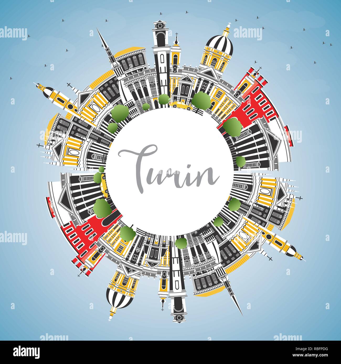 Turin Italy City Skyline with Color Buildings, Blue Sky and Copy Space. Vector Illustration. Business Travel and Tourism Concept with Modern Architect Stock Vector