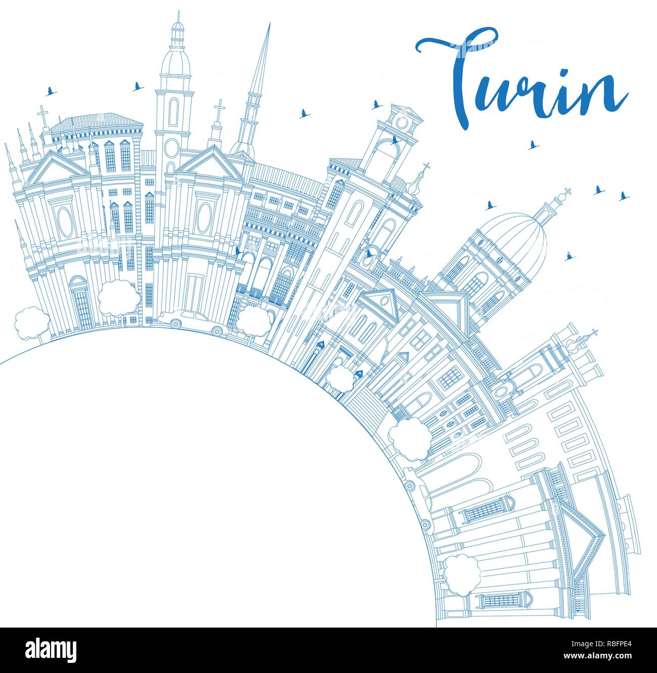 Outline Turin Italy City Skyline with Blue Buildings and Copy Space. Vector Illustration. Stock Vector