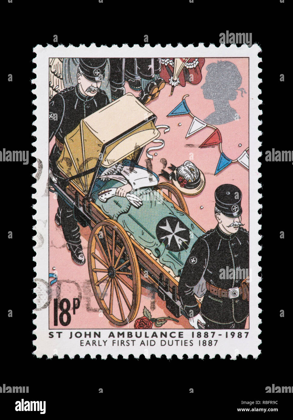 Postage stamp from Great Britain depicting a St. John ambulance, centennial of founding. Stock Photo