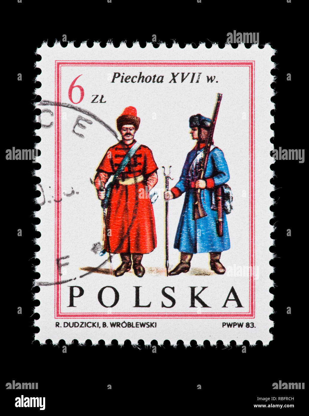 Postage stamp fro Poland depicting non-commissioned infantry officers from the army of King John Ill Sobieski Stock Photo