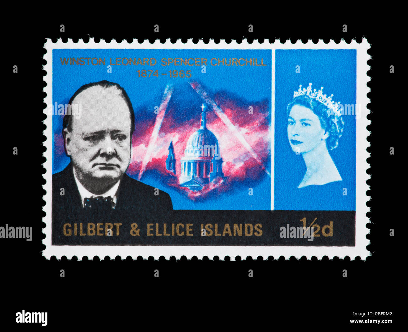 Postage stamp from the Gilbert and Ellice Islands depicting Sir Winston Churchill and London during the blitz, anniversary of death. Stock Photo