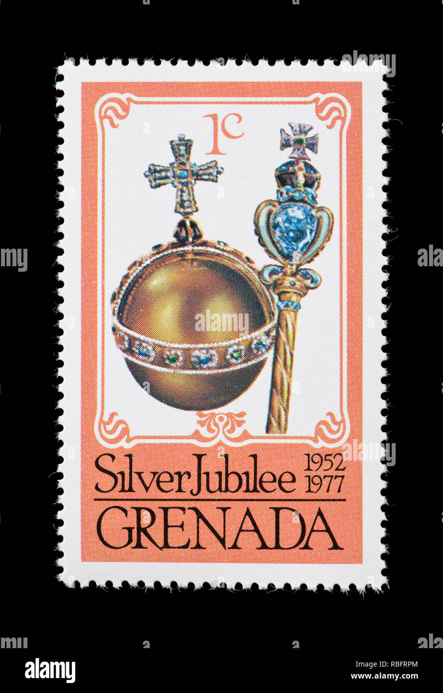 Postage stamp from Grenada depicting the orb and scepter, issued for the 25th anniversary of the coronation of Queen Elizabeth II. Stock Photo
