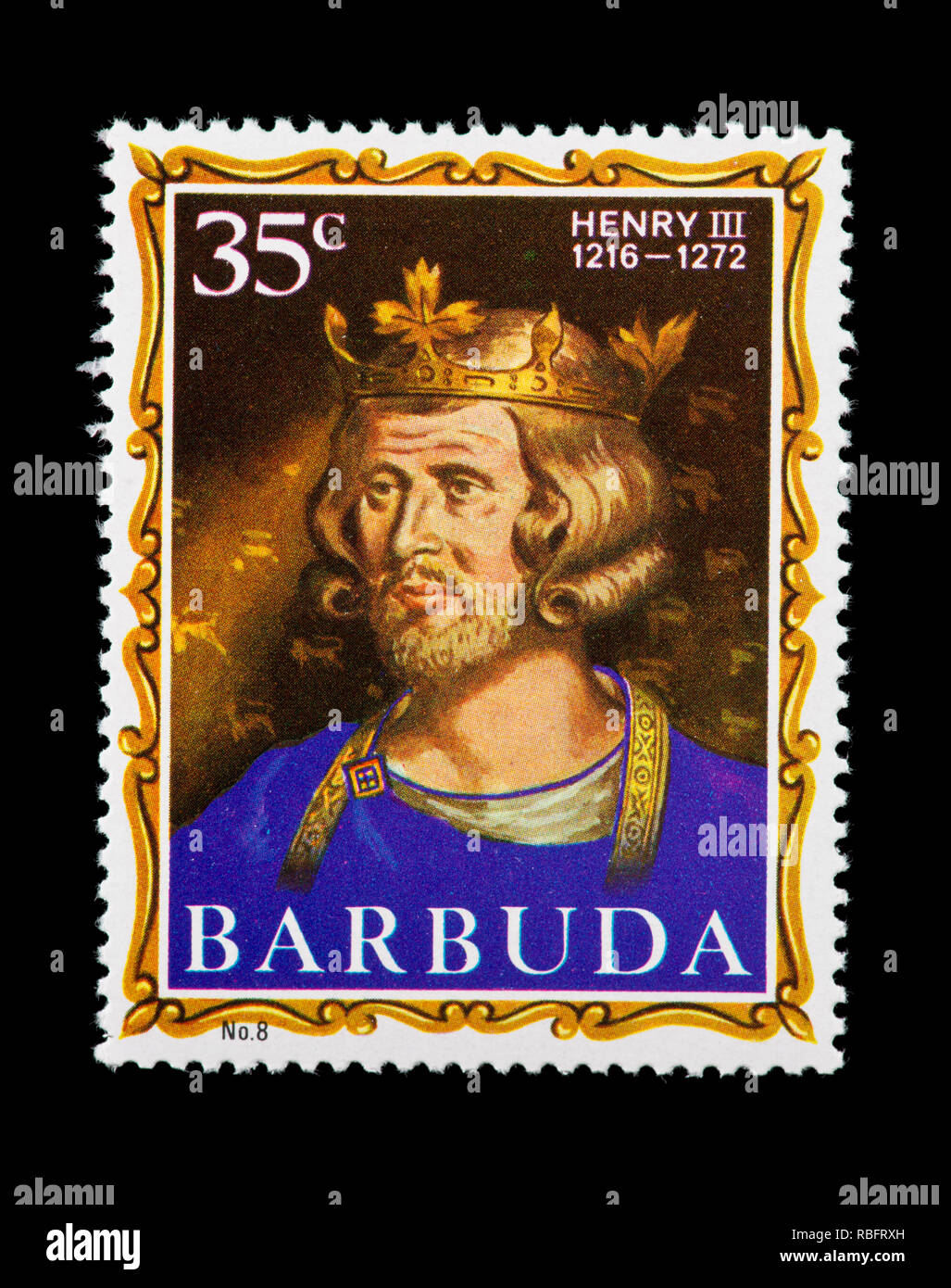 Postage stamp from Barbuda depicting Henry III, former king of England. Stock Photo