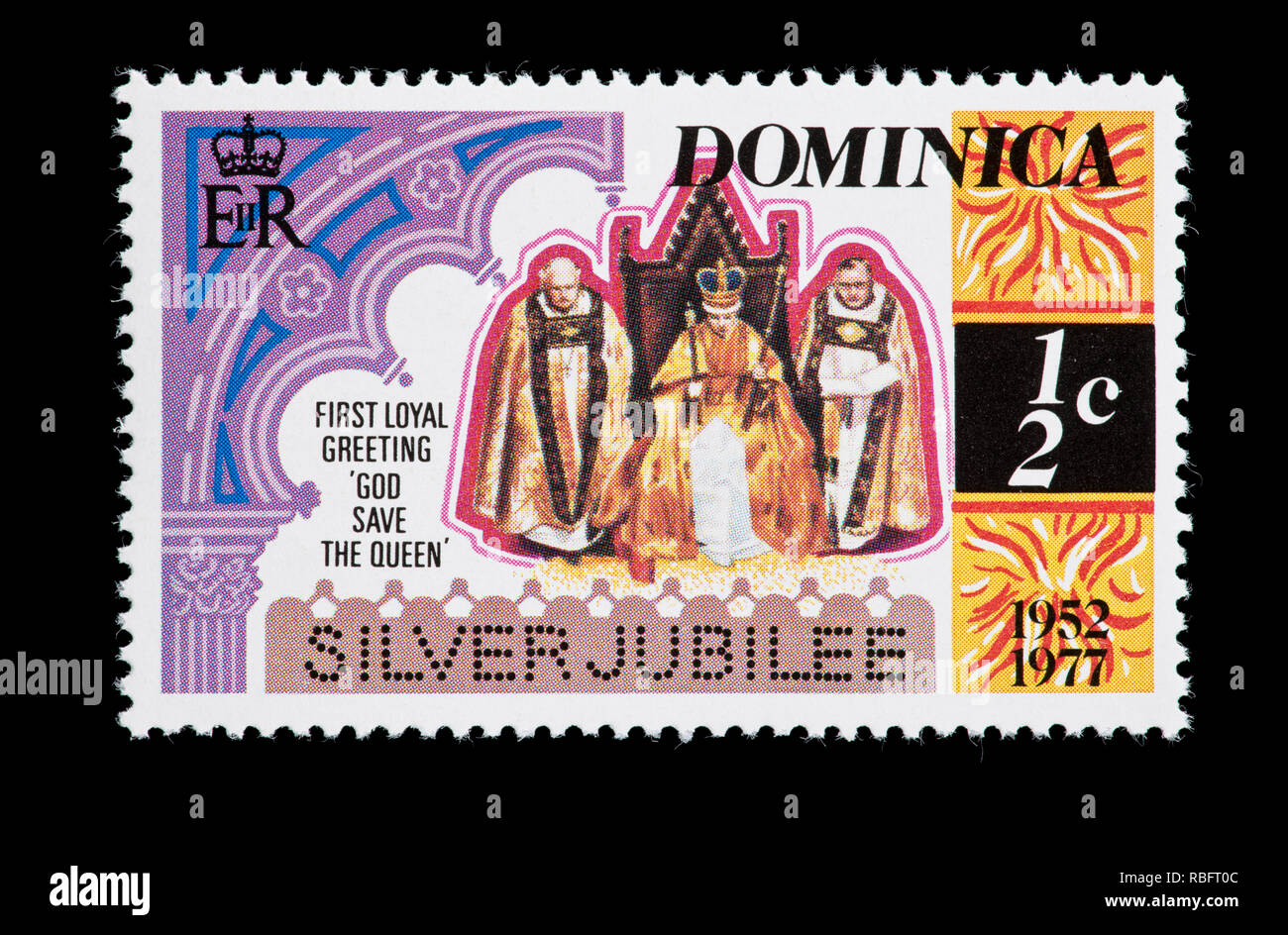 Postage stamp from Dominica depicting the enthronement of Queen Elizabeth II, 25th anniversary. Stock Photo