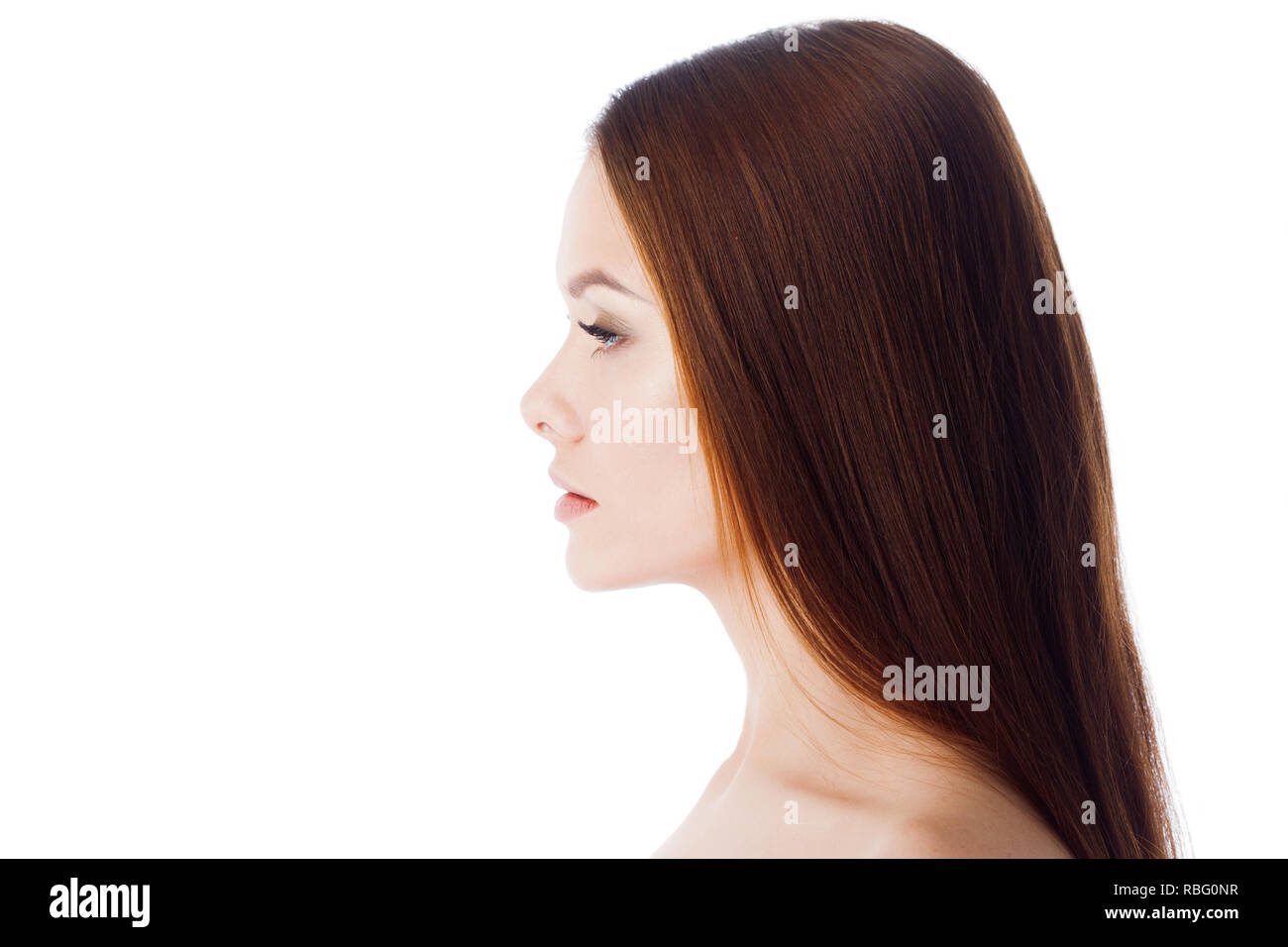 Skin and hair care. Portrait of a young beautiful woman with clean and ...