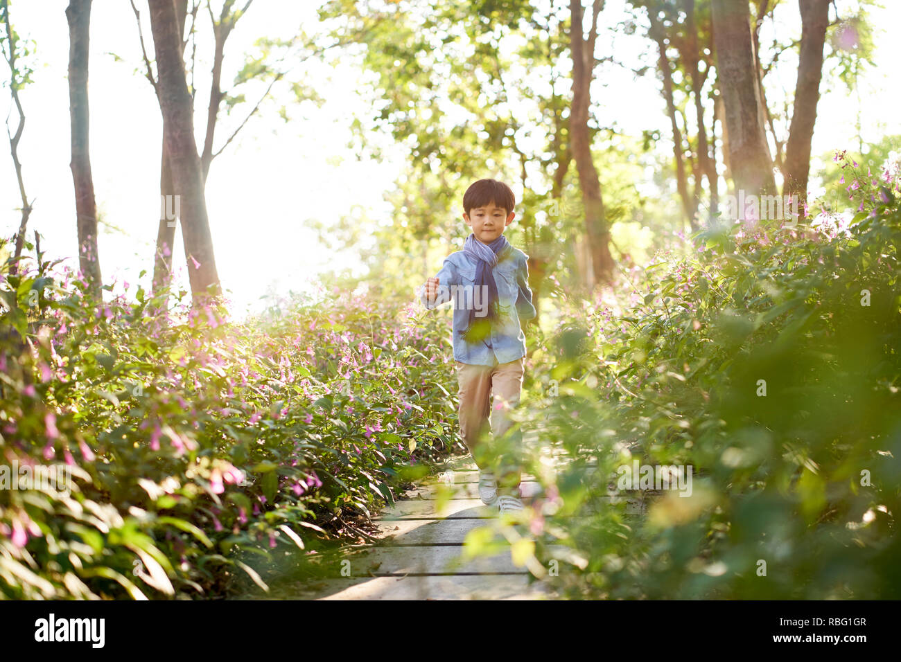7 year-old cute little asian boy walking through field of flowers in park. Stock Photo