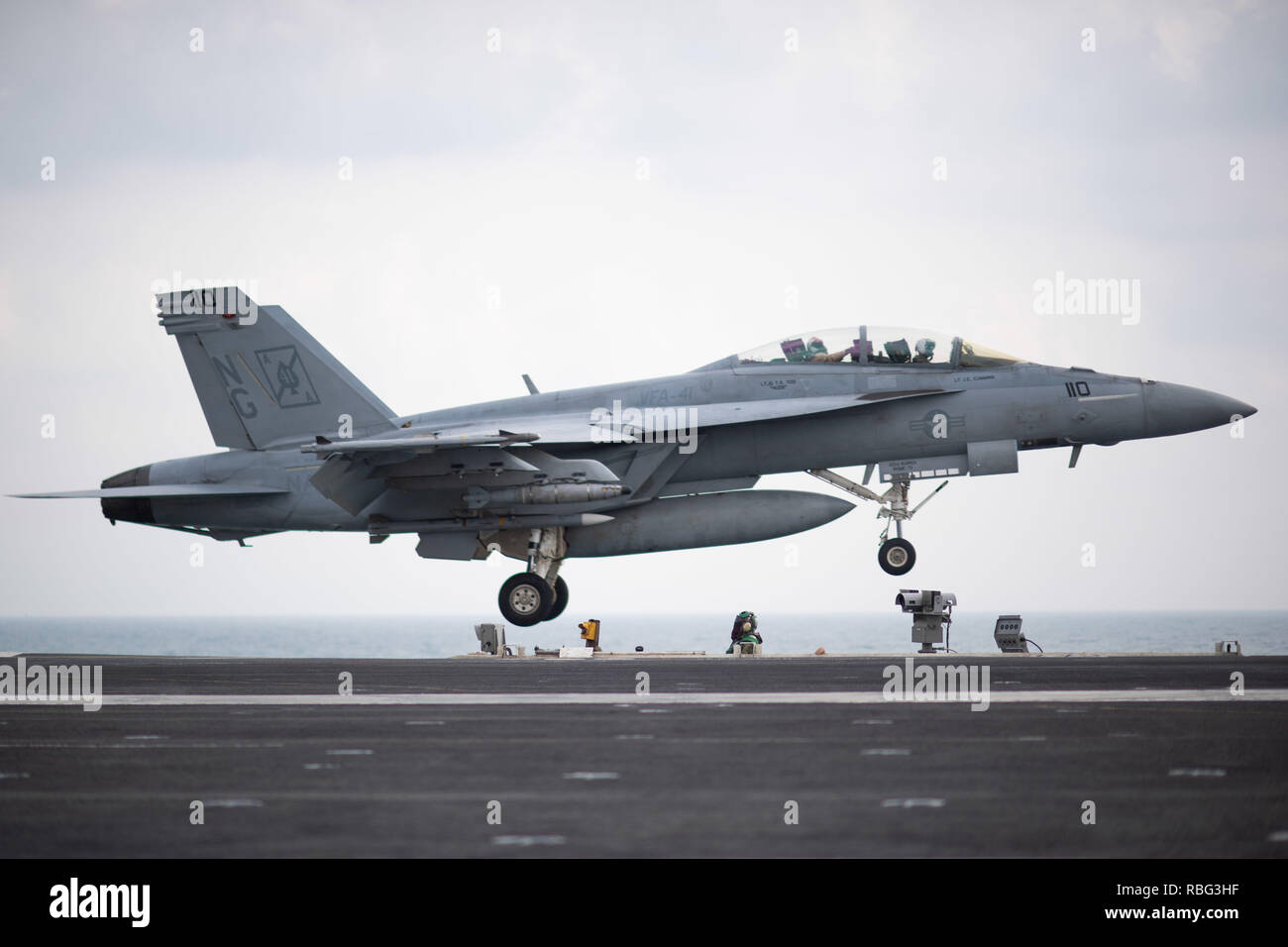 An F/A-18F Super Hornet, assigned to Strike Fighter Squadron (VFA) 41, launches from the flight deck of the aircraft carrier USS John C. Stennis (CVN 74) in the Arabian Gulf, Jan. 7, 2019. The John C. Stennis Carrier Strike Group is deployed to the U.S. 5th Fleet area of operations in support of naval operations to ensure maritime stability and security in the Central Region, connecting the Mediterranean and the Pacific through the western Indian Ocean and three strategic choke points. (U.S. Navy photo by Mass Communication Specialist 3rd Class Grant G. Grady) Stock Photo