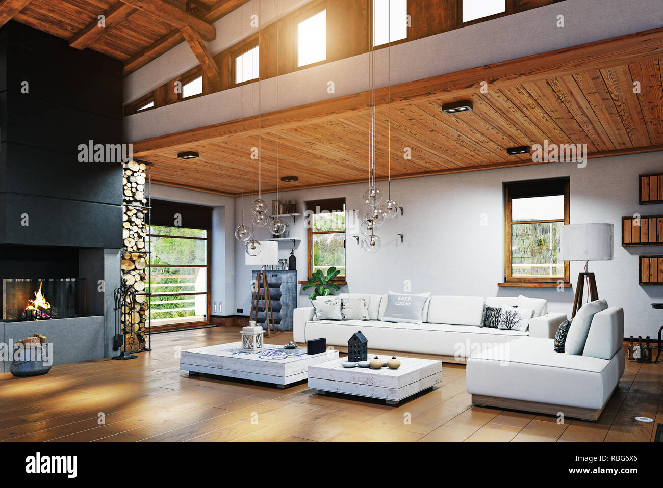 Wrap Necessities Memorize Modern chalet interior design. 3d rendering Stock Photo - Alamy