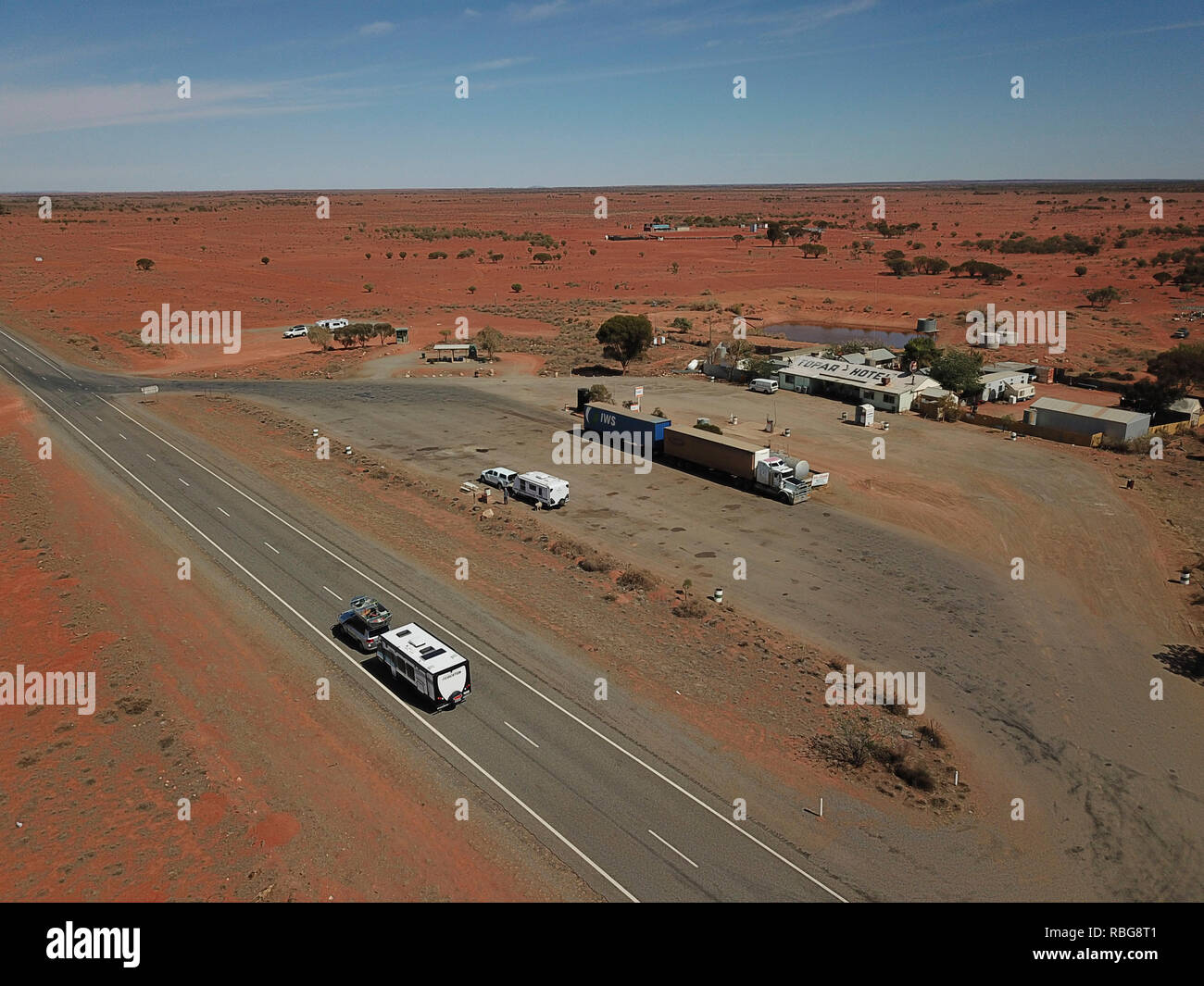 Interstate roadtrains resting at Little Topar Roadhouse on the Barrier Highway between Wilcannia