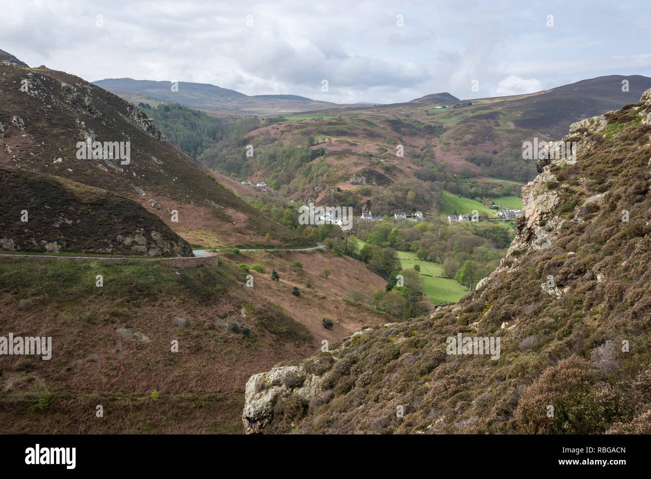 The Sychnant Pass near Conwy in North Wales. View looking down at the ...