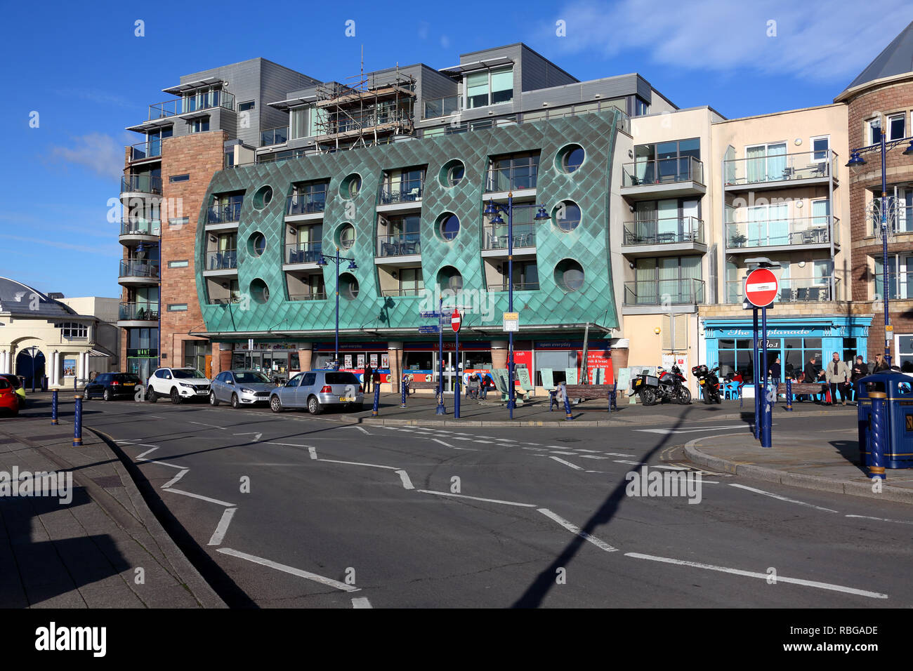 On the seafront at Porthcawl with apartments along the main road giving