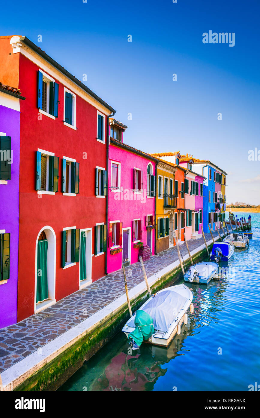 Burano, Venice. Image with colorful island and water canal from beautiful Veneto in Italy. Stock Photo