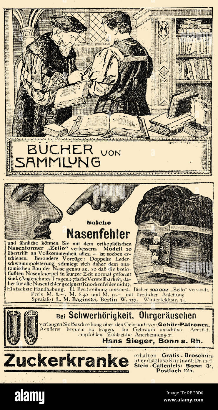 Advertising page in German book of early '900 about books, remedy for hearing-impaired people, correction of nose defects and diabetes treatment Stock Photo