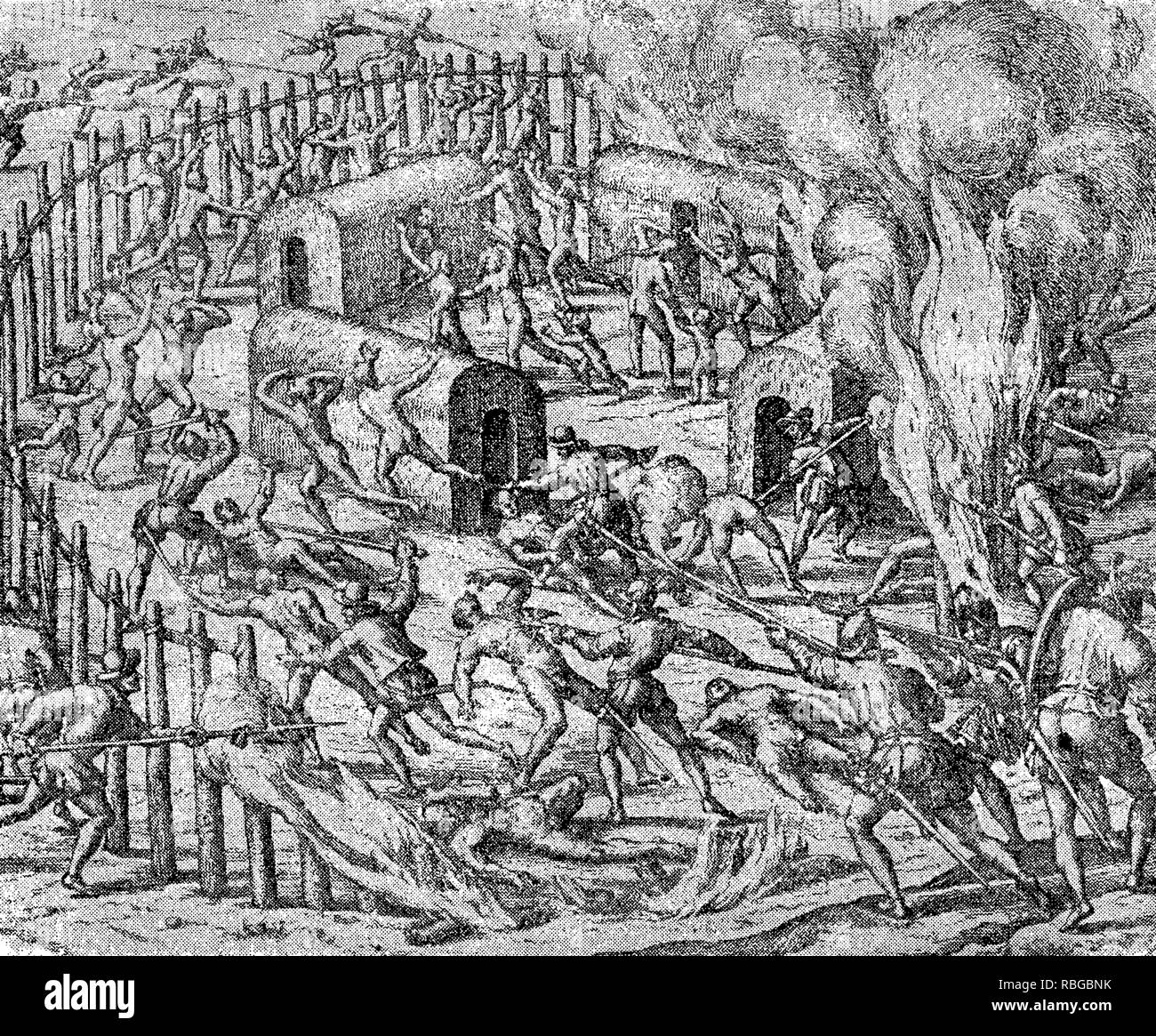 conquest of the Inca empire by Spanish conquistador Francisco Pizarro in XVI century: Spanish soldiers exterminate aborigines fortified camp Stock Photo