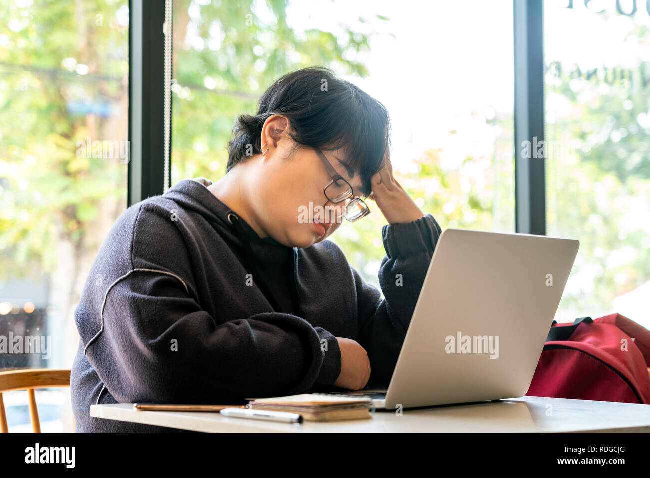 Fat Asian Short Hair Woman Feel Headache Stressed Stock Photo