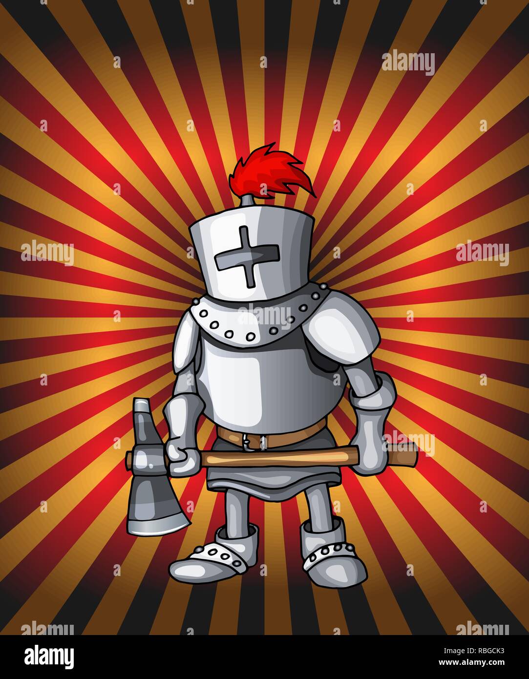 Cartoon postcard knight. Royal steel crusader armor on glittering red lights Stock Vector