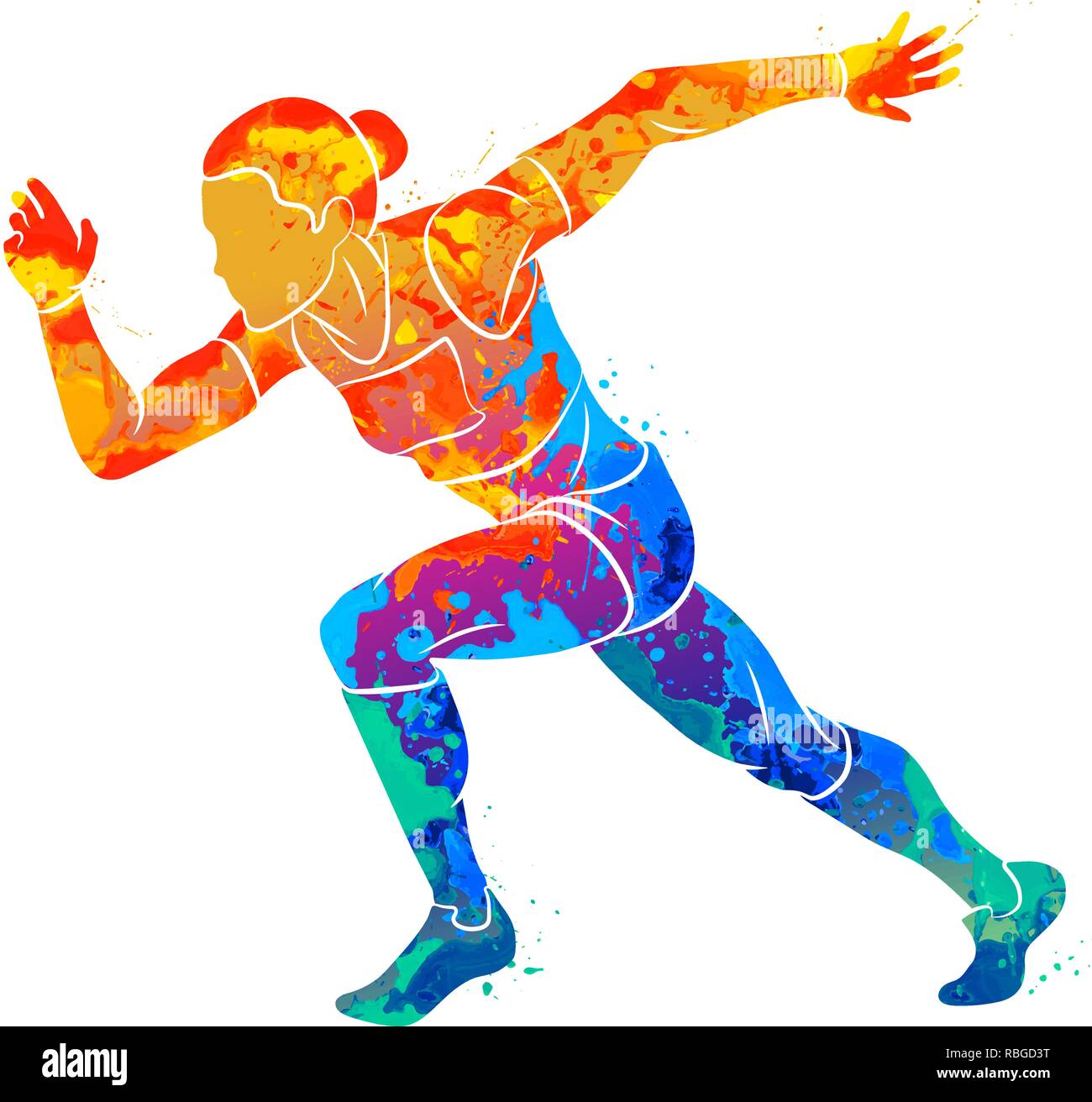 Abstract of a running woman short distance sprinter from splash of watercolors Stock Vector