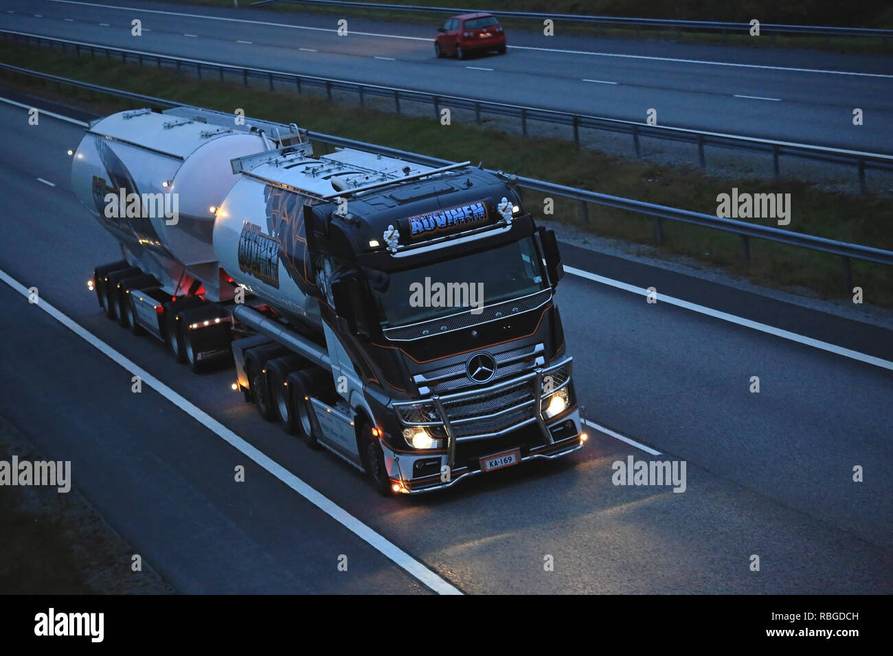 PAIMIO, FINLAND - OCTOBER 21, 2016: Mercedes-Benz Actros Uniq Concept, the latest super double tanker truck of Kuljetus Auvinen, trucking along freewa Stock Photo
