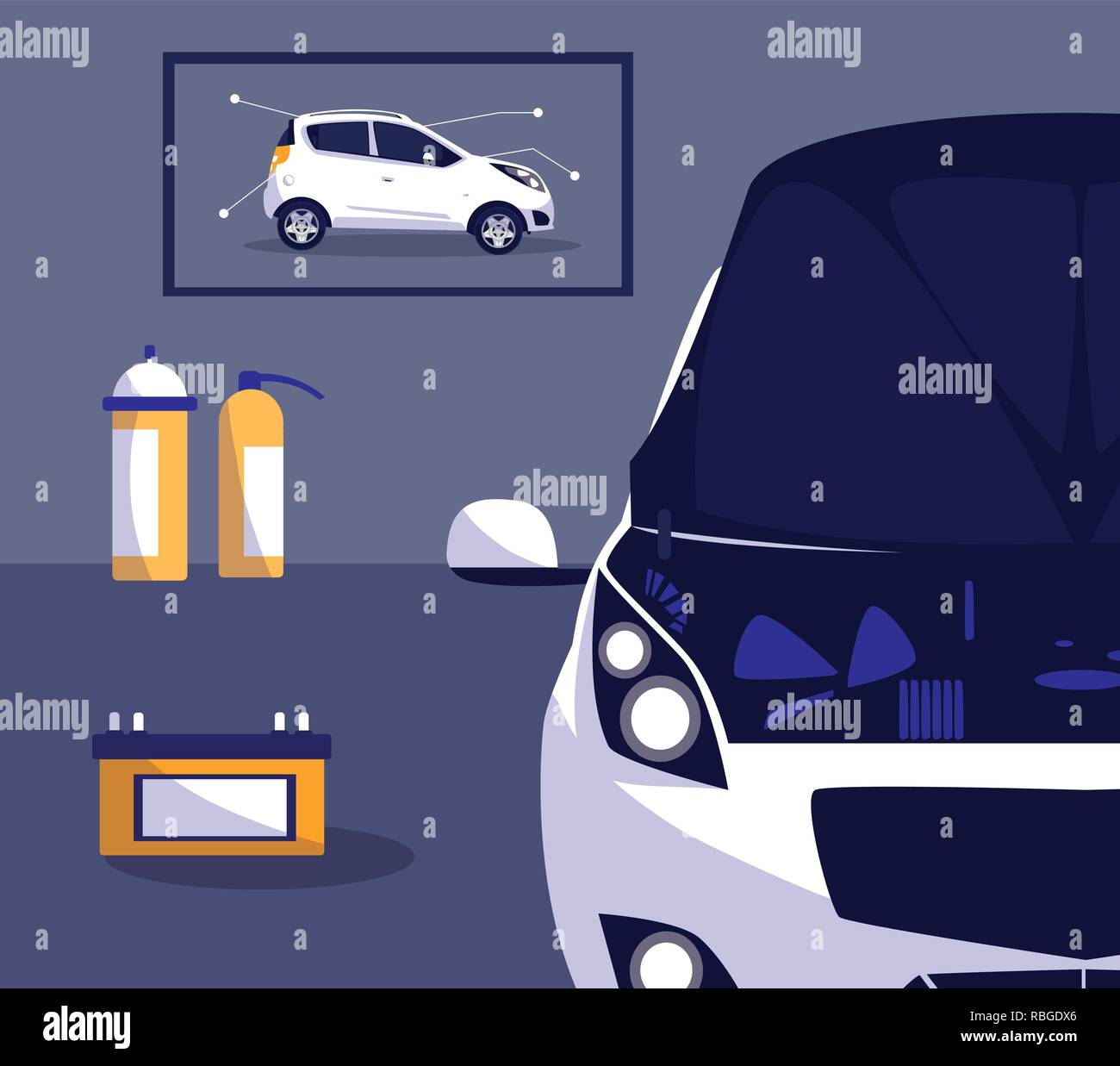 white car in maintenance workshop vector illustration design Stock ...