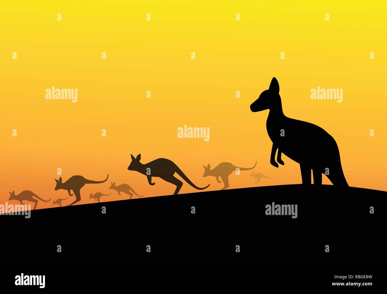 Group of kangaroos in desert, silhouette vector art Stock Vector