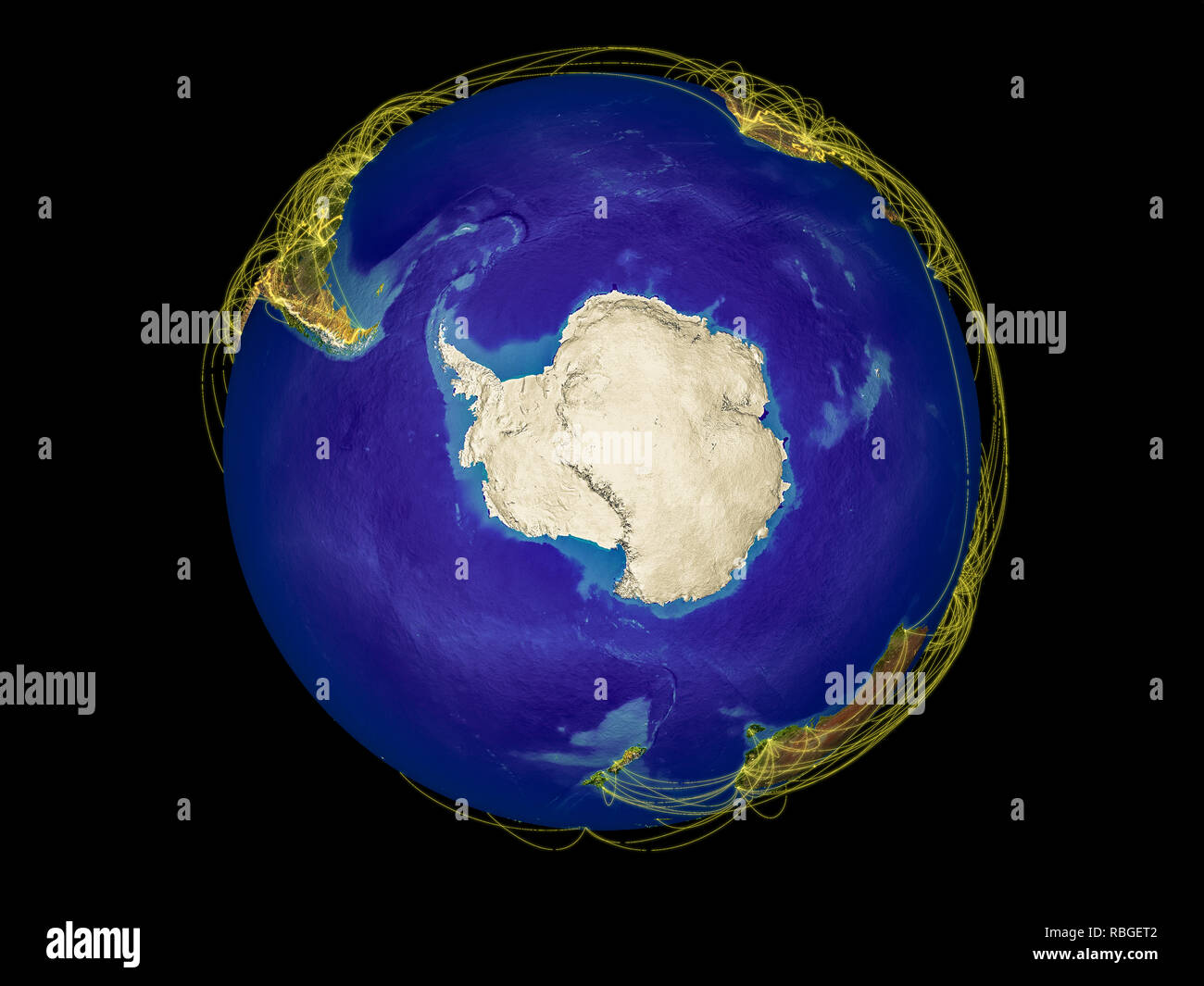 Antarctica from space on Earth with country borders and lines representing international communication, travel, connections. 3D illustration. Elements Stock Photo