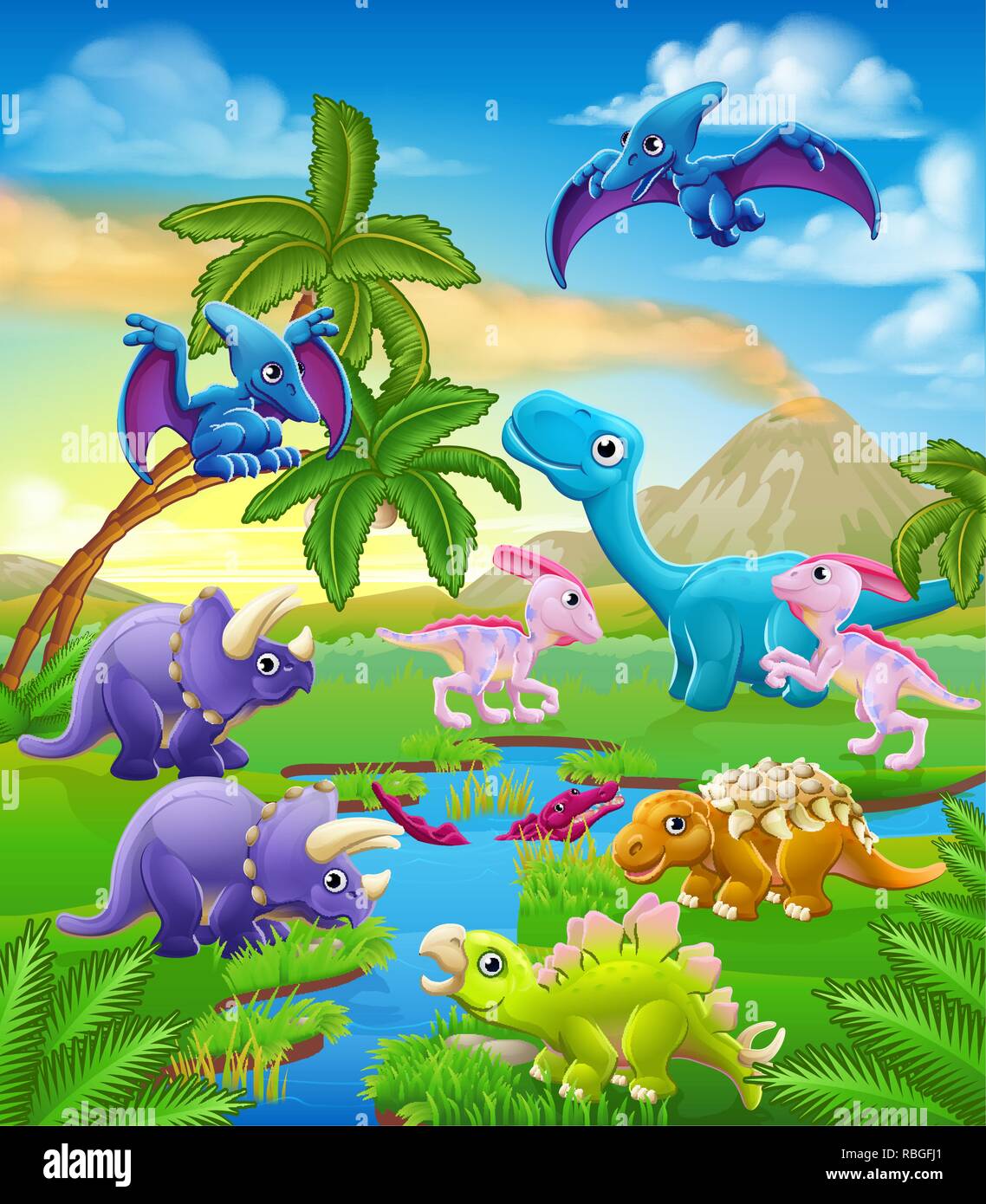 Dinosaur Cartoon Prehistoric Landscape Scene Stock Vector