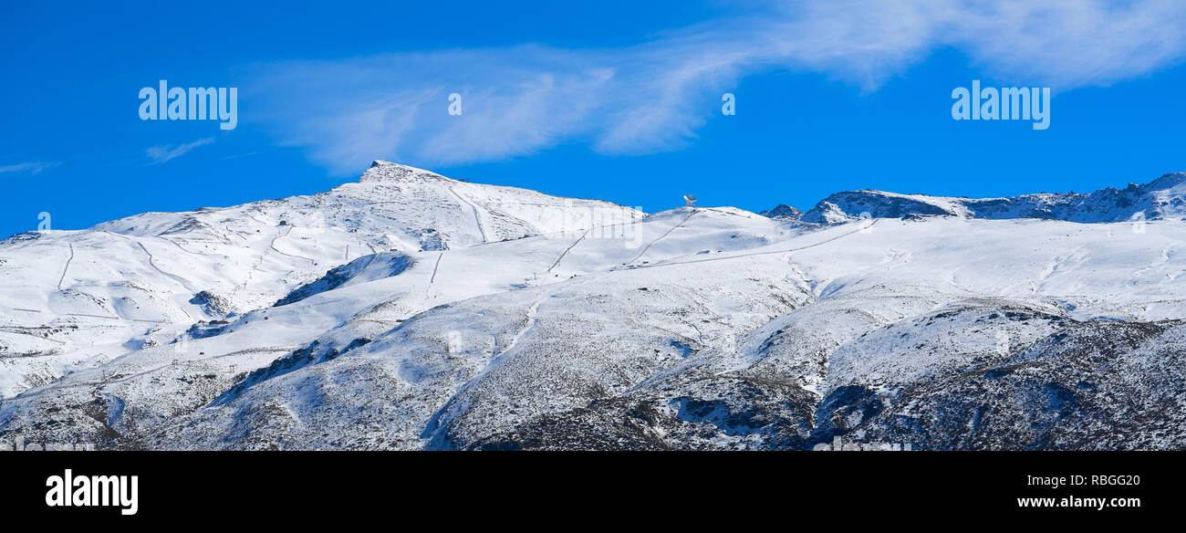 Sierra Nevada snow mountain ski resort in Granada of Spain Stock Photo