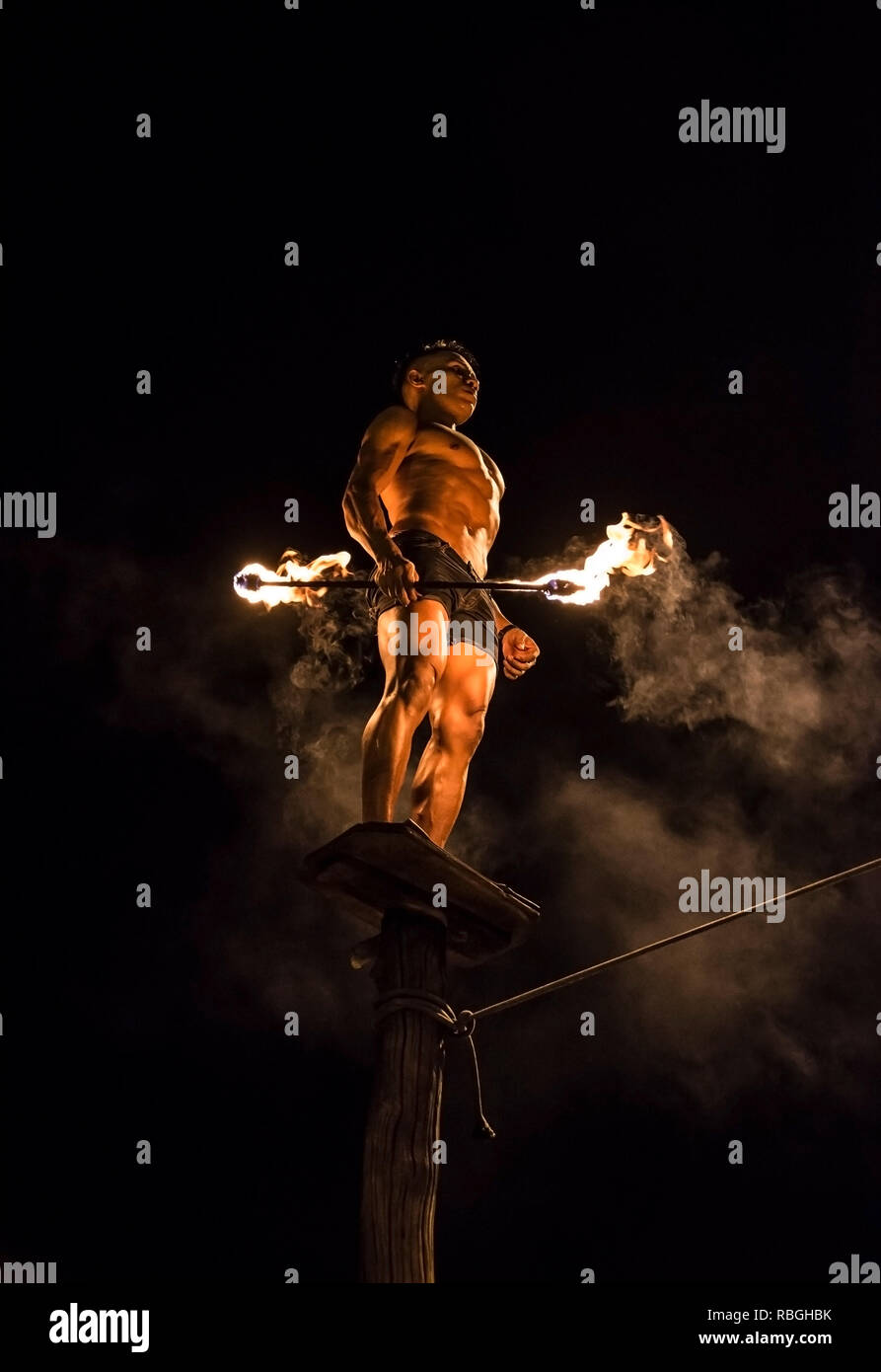 Fire show on Phi Phi don island, Thailand. Night 17 December 2018 Stock Photo